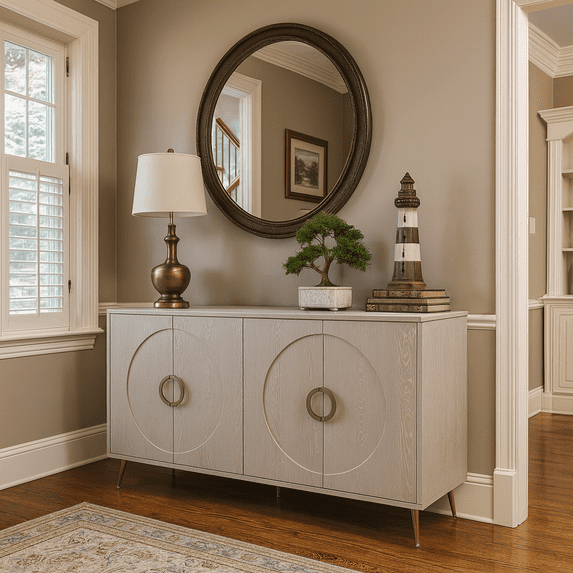 Modern Lacquered 4 Door Wooden Cabinet Sideboard Buffet Server Cabinet Storage Cabinet, for Living Room, Entryway, Hallway, Office, Kitchen and Dining Room, Champagne Silver