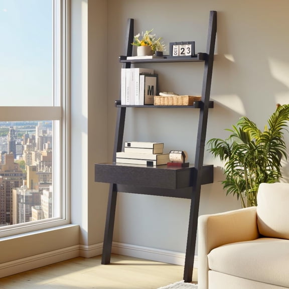Modern Ladder Writing Desk with Drawer and Storage Shelves, Space-Saving Leaning Bookcase Desk Workstation for Home Office or Study Room