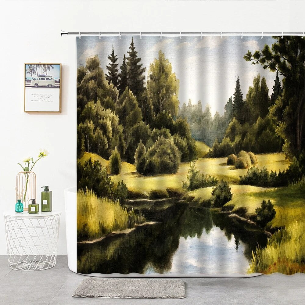 Modern Landscape Shower Curtain 3D Snow Mountain Maple Forest Painting