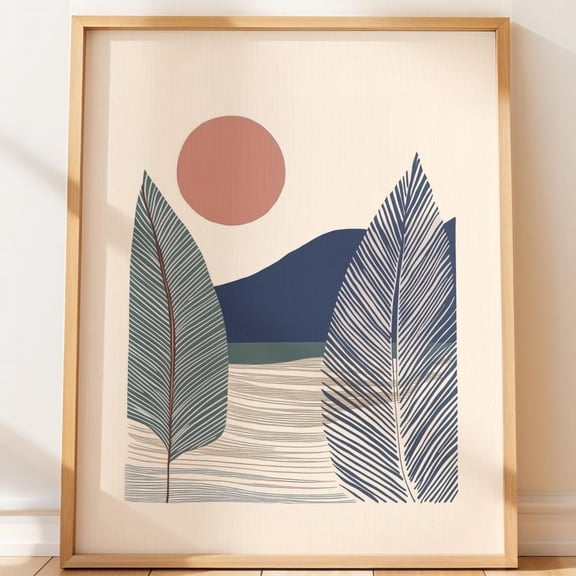 Modern Landscape Wall Art Minimalist Line Art Sun And Palm Leaves Nature Inspired Home Decor, Unframed Poster