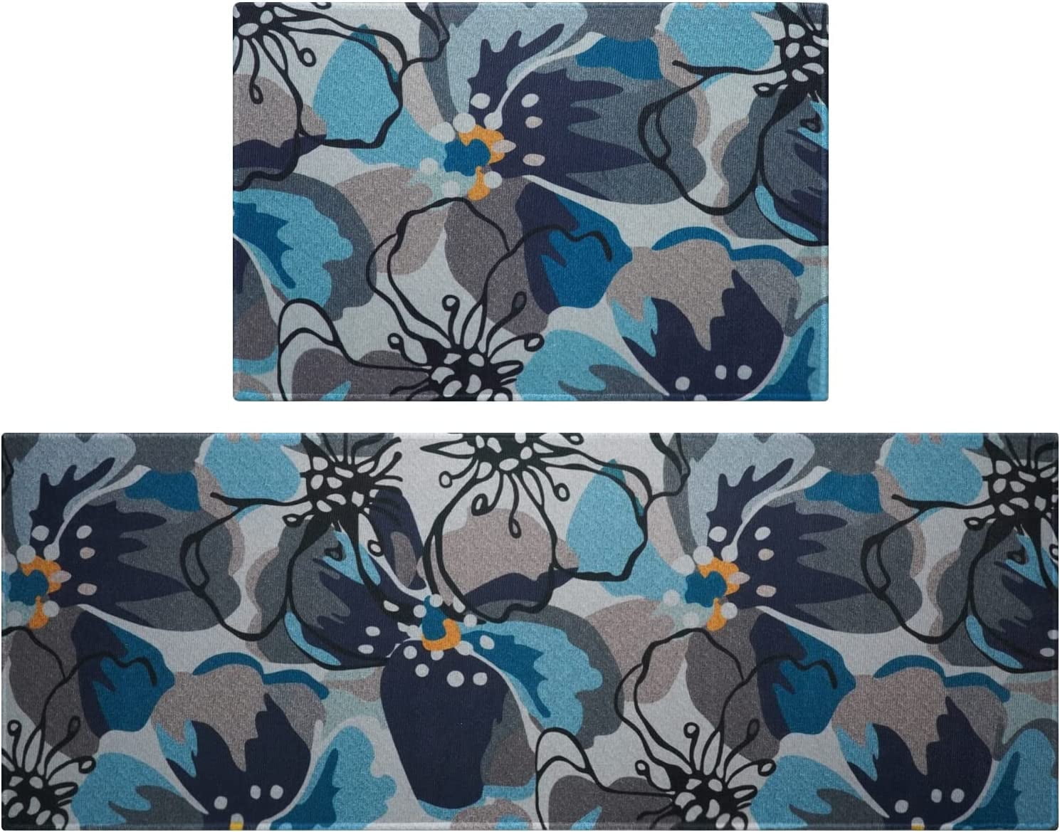 Modern Large Floral Kitchen Rugs Set 2 Piece Blue Decorative Rug Runner Low-Profile Floor Mats Decorations for Home Kitchen (17"x48"+17"x24")
