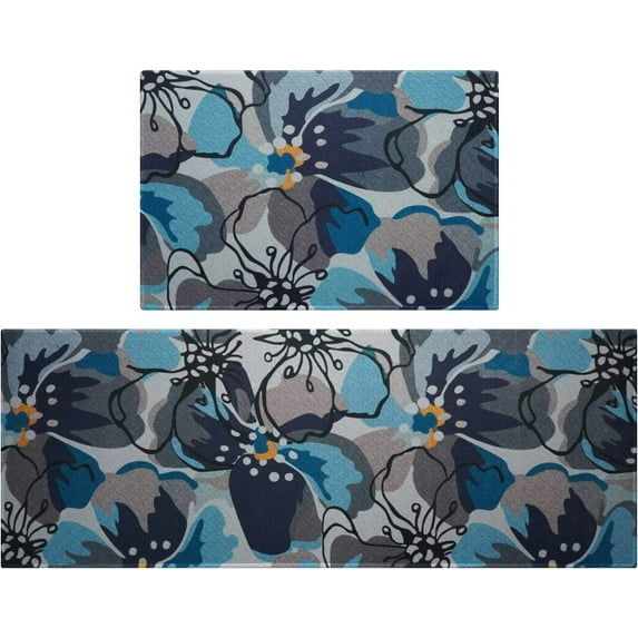 Modern Large Floral Kitchen Rugs Set 2 Piece Blue Decorative Rug Runner Low-Profile Floor Mats Decorations for Home Kitchen (17"x48"+17"x24")