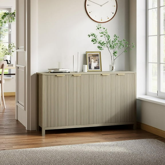 Modern Large Fluted Sideboard Buffet Cabinet with Storage, 4 Doors & Adjustable Shelves, 55" Wood Accent Cabinet Coffee Bar Table TV Console for Living Dining Room Kitchen Entryway