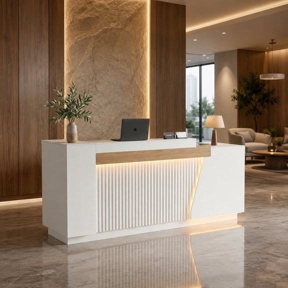 86.6" White Modern Reception Desk with Left Counter, Built-in Power Outlets, Lockable Drawers & LED Lights for Office, Salon & Retail