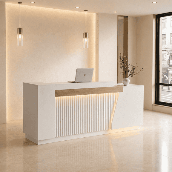 86.6" White Modern Reception Desk with Left Counter, Large Front Desk with Outlets, Combination Lock Drawers & LED Lights for Office, Salon & Retail
