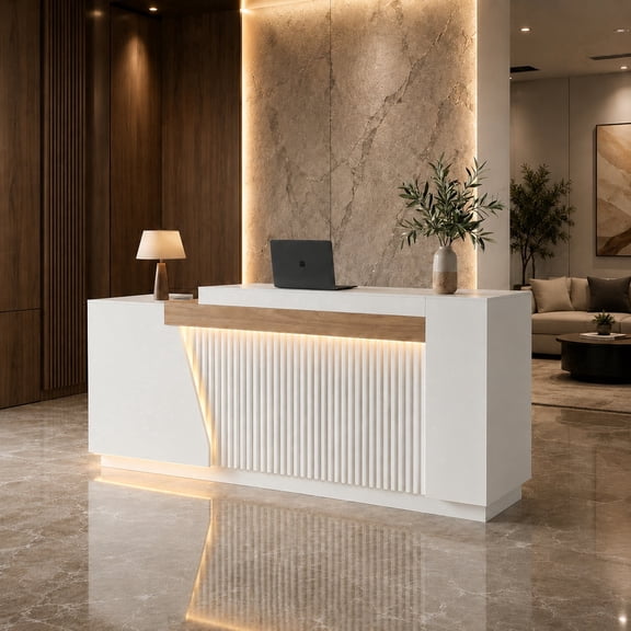 86.6" White Modern Reception Desk with Right Counter, Built-in Power Outlets, Lockable Drawers & LED Lights for Office, Salon & Retail