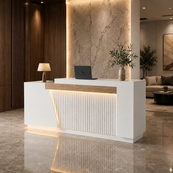 86.6" White Modern Reception Desk with Right Counter, Built-in Power Outlets, Lockable Drawers & LED Lights for Office, Salon & Retail