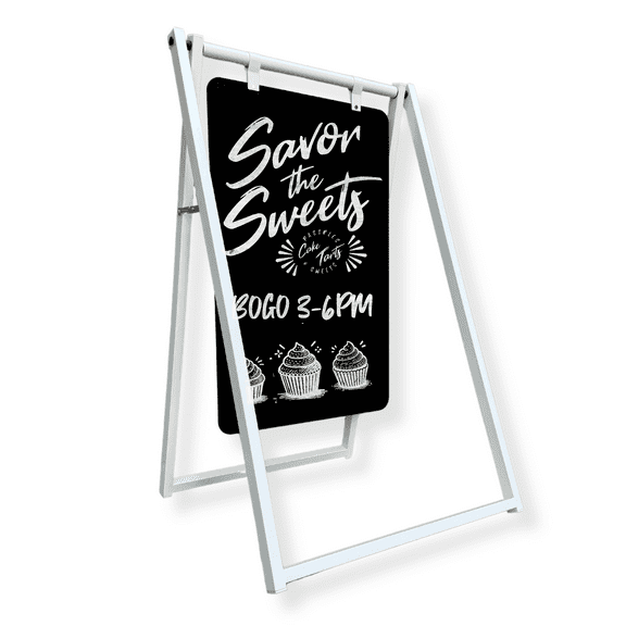 Modern Large Metal A Frame Doubled Sided Chalkboard Sign, Minimalist Metal Sidewalk Sign 24x38 Inch Magnetic Surface A Frame for Menu Sandwiches Board (White Frame/18x28 Black Board)