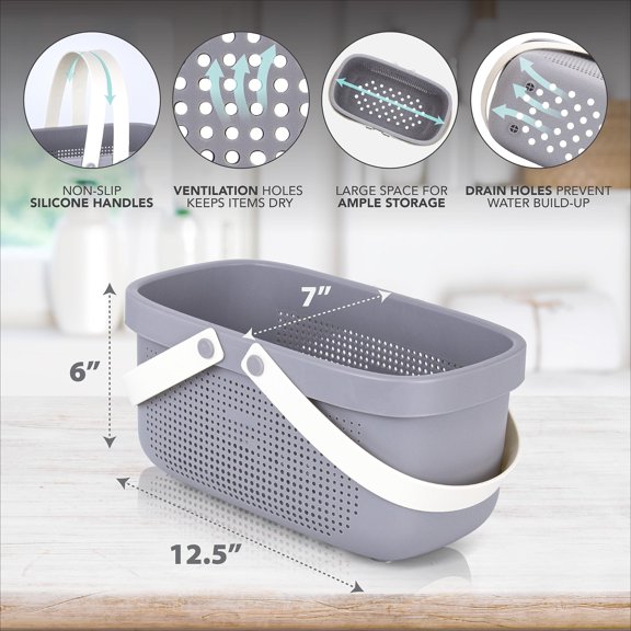 Modern Large Portable Shower Caddy with Soft Silicone Carrying Handle, Bathroom Organizer Basket, Plastic Bath Tote and Shower Organizer, Quick Dry Drainage Holes, BPA Free, Grey