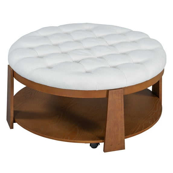 Modern Large Round Button Tufted Ottoman Footrest, Linen Upholstered Coffee Table With Storage Shelf For Living Room Office Apartment