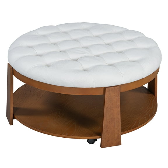 Modern Large Round Button Tufted Ottoman Footrest, Linen Upholstered Coffee Table With Storage Shelf For Living Room Office Apartment