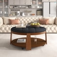 thumbnail image 1 of Modern Large Round Ottoman Coffee Table 2-Tier Oversized Button Tufted Ottoman with Wood Shelf Storage Upholstered Coffee Table for Living Room Footrest Ottoman with wheel, waterproof Linen, 1 of 50