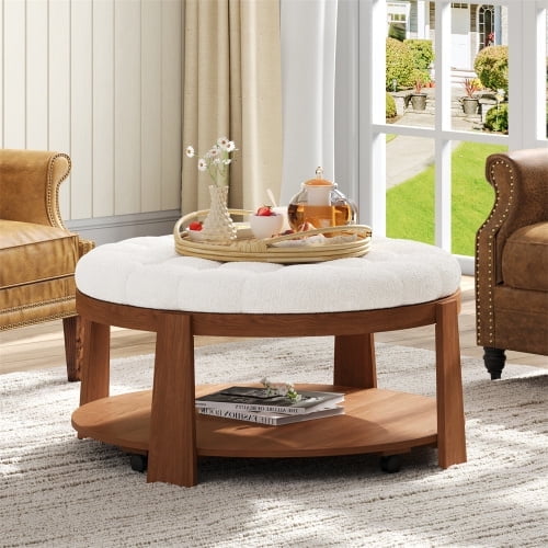 Modern Large Round Ottoman Coffee Table 2-Tier Oversized Button Tufted Ottoman with Wood Shelf Storage Upholstered Coffee Table for Living Room Footrest Ottoman with wheel, waterproof Linen