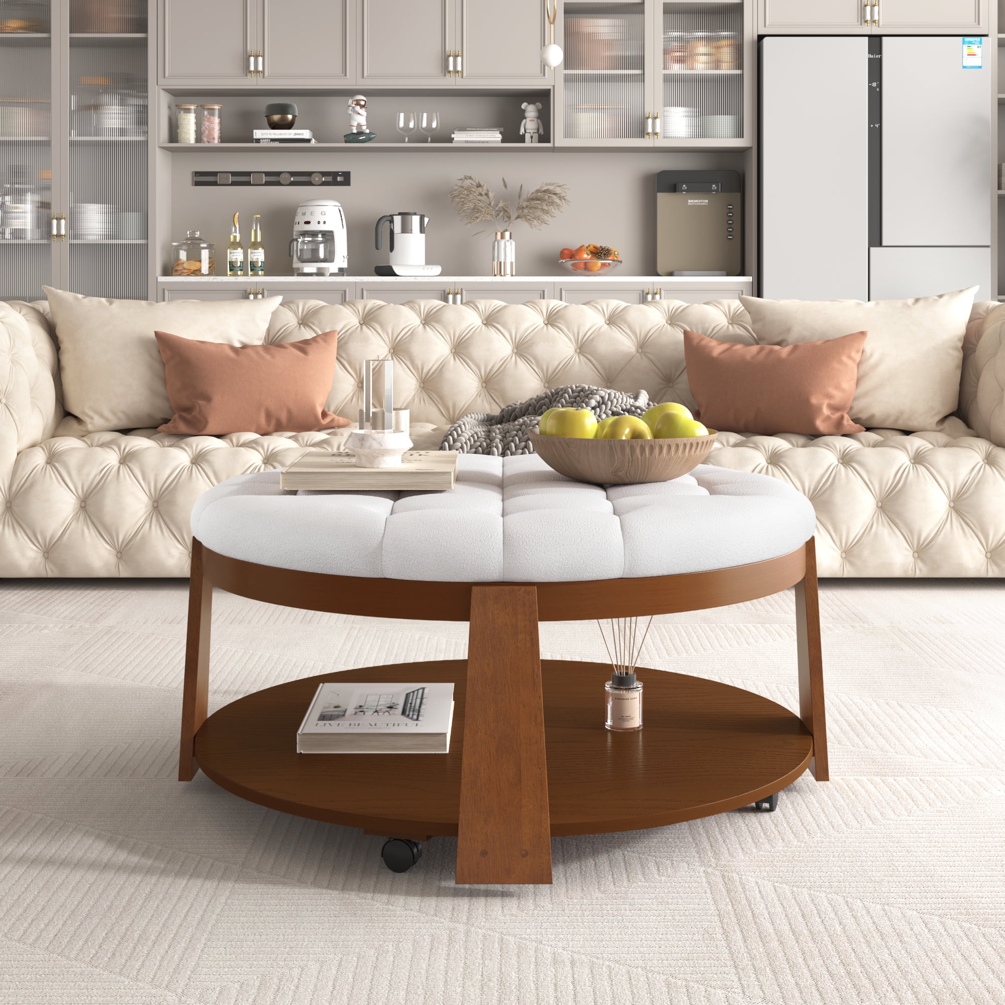 Modern Large Round Ottoman Coffee Table 2-Tier, Upholstered Button ...