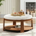 thumbnail image 1 of Modern Large Round Ottoman Coffee Table with 2-Tier Storage,Button Tufted Upholstery, Waterproof Linen Fabric,Wood Shelf, Wheels,White, 1 of 8