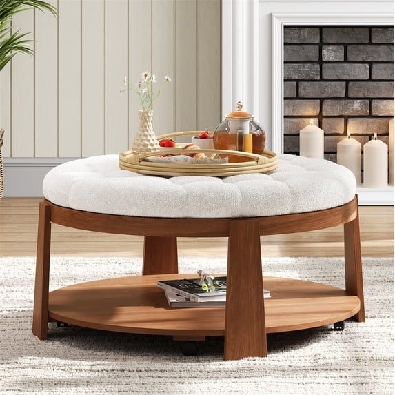 Modern Large Round Ottoman Coffee Table with 2-Tier Storage,Button Tufted Upholstery, Waterproof Linen Fabric,Wood Shelf, Wheels,White