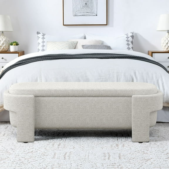 Modern Large Storage Entry Bench in Cream Linen Upholstery with Foam Padding - Ideal for Living Spaces