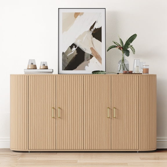 Modern Large Storage Sideboard Buffet Cabinet – 63" Curved Wooden Design, 4 Fold Doors, Spacious Console