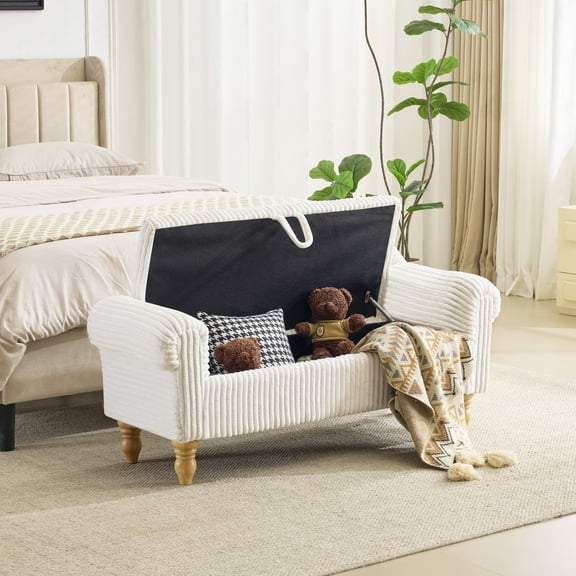 Modern Large Upholstered Storage Bench with Lift-Top Lid & Upgraded Soft-Close Mechanism, Corduroy Ottoman, Frame & Plywood Suitable for Bedroom, Entryway, Closet, Space-Saving Furniture, White