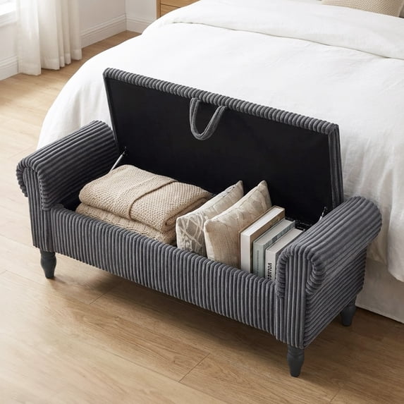 Modern Large Upholstered Storage Bench with Lift-Top Lid & Upgraded Soft-Close Mechanism, Corduroy Ottoman, Frame & Plywood Suitable for Bedroom, Entryway, Closet, Space-Saving Furniture, Grey