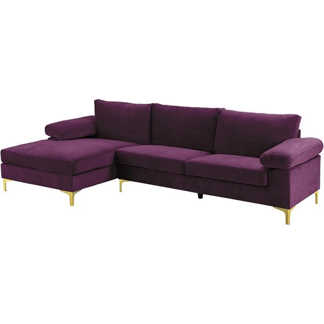 Modern Large Velvet Fabric Sectional Sofa Couch with Extra Wide Chaise Lounge with Golden Legs L
