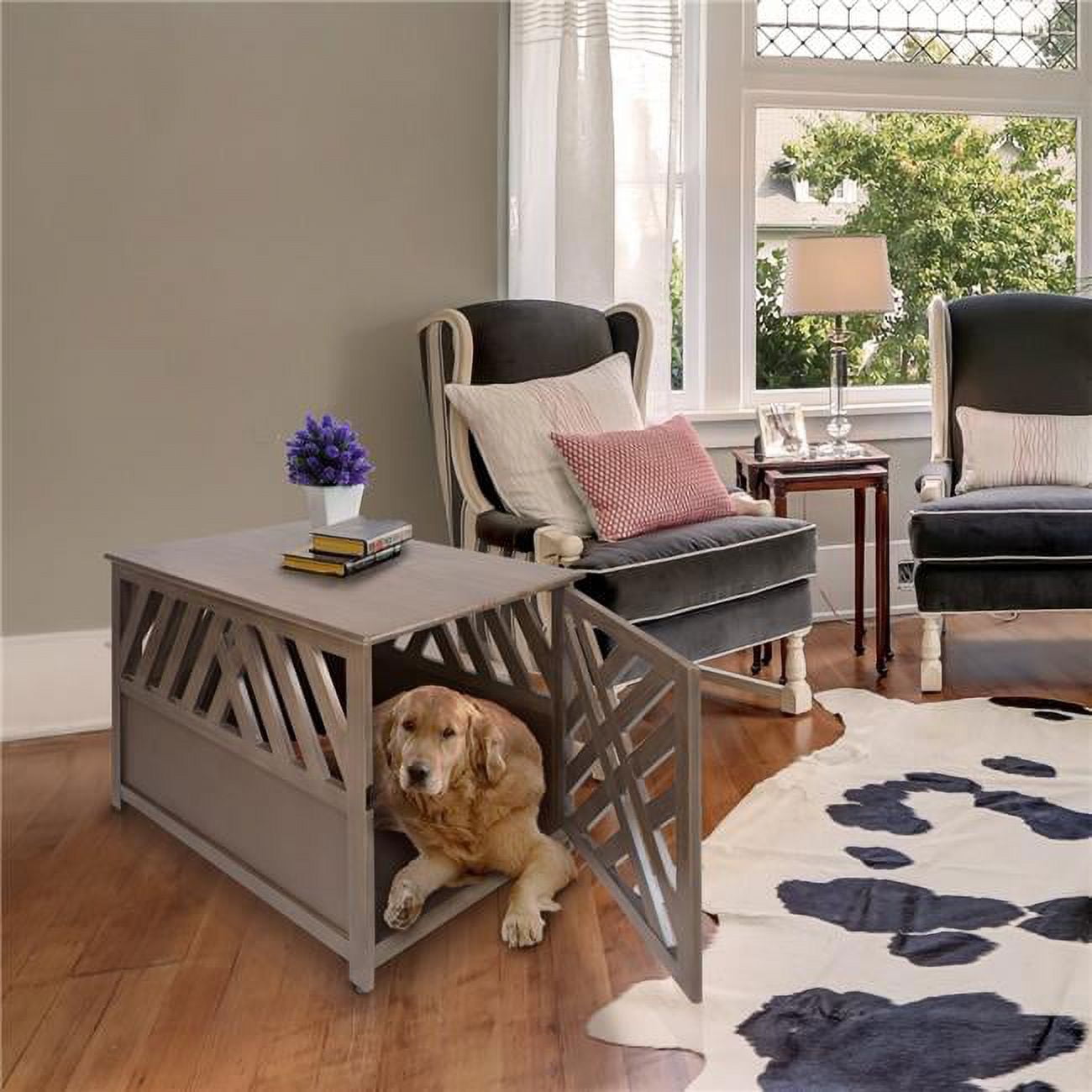 Gray Wooden Lattice Dog Crate End Table