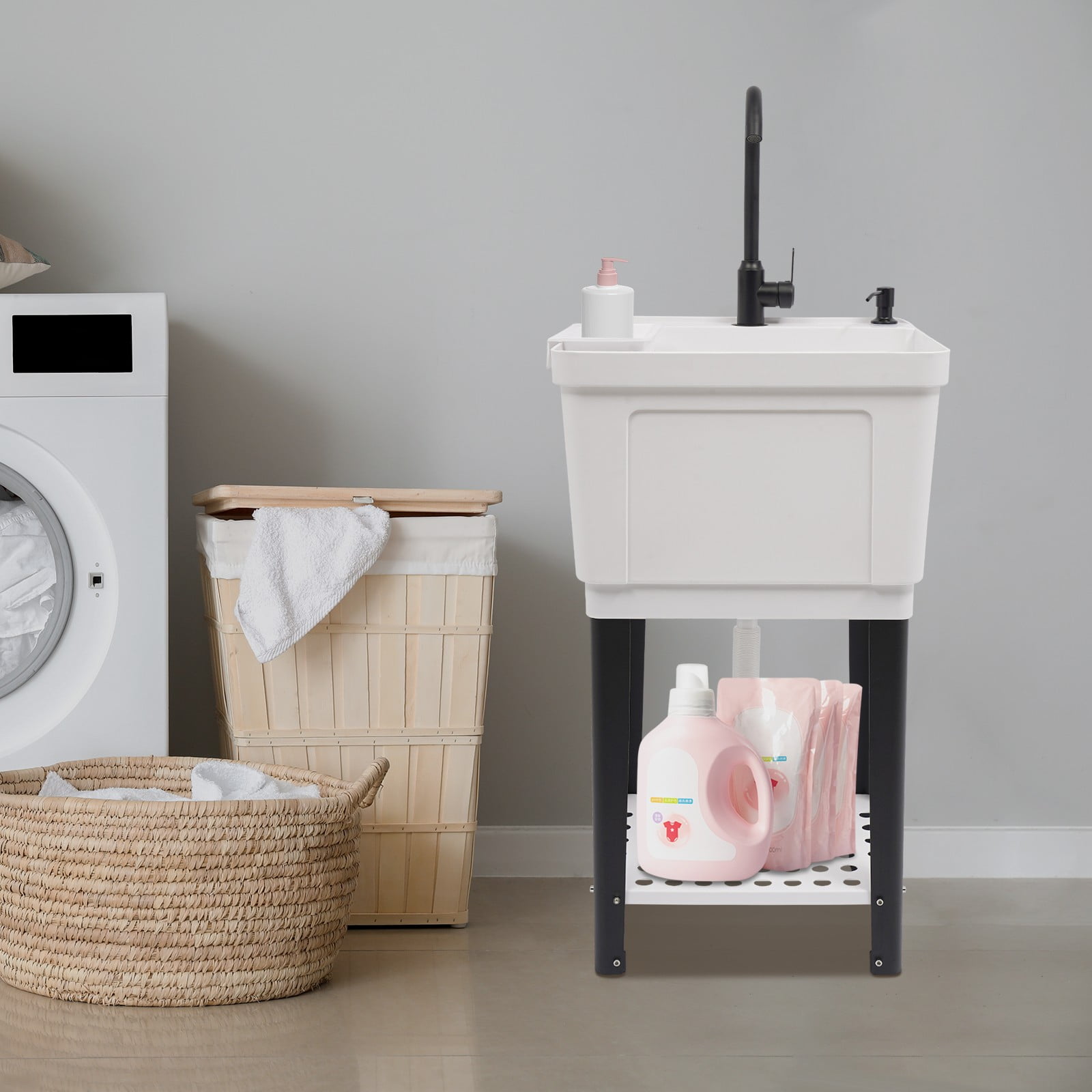 Modern Laundry Sink Freestanding Utility Sink White w/ Faucet & Hoses Drain Kit