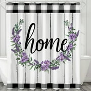 Modern Lavender Home Sweet Home Shower Curtain with White Bathroom Theme Decor and Black Gingham Pattern Background Elegant Mockup