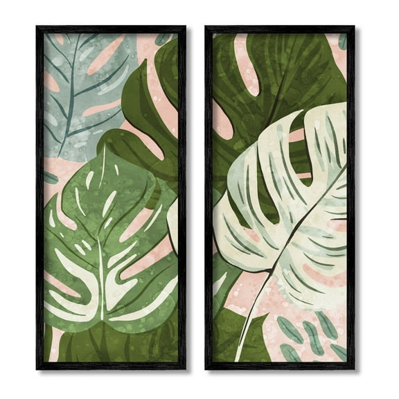 Modern Layered Monstera Leaves Botanical & Floral Graphic Art Black Framed Art Print Wall Art, Set of 2