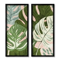 Modern Layered Monstera Leaves Botanical & Floral Graphic Art Black Framed Art Print Wall Art, Set of 2