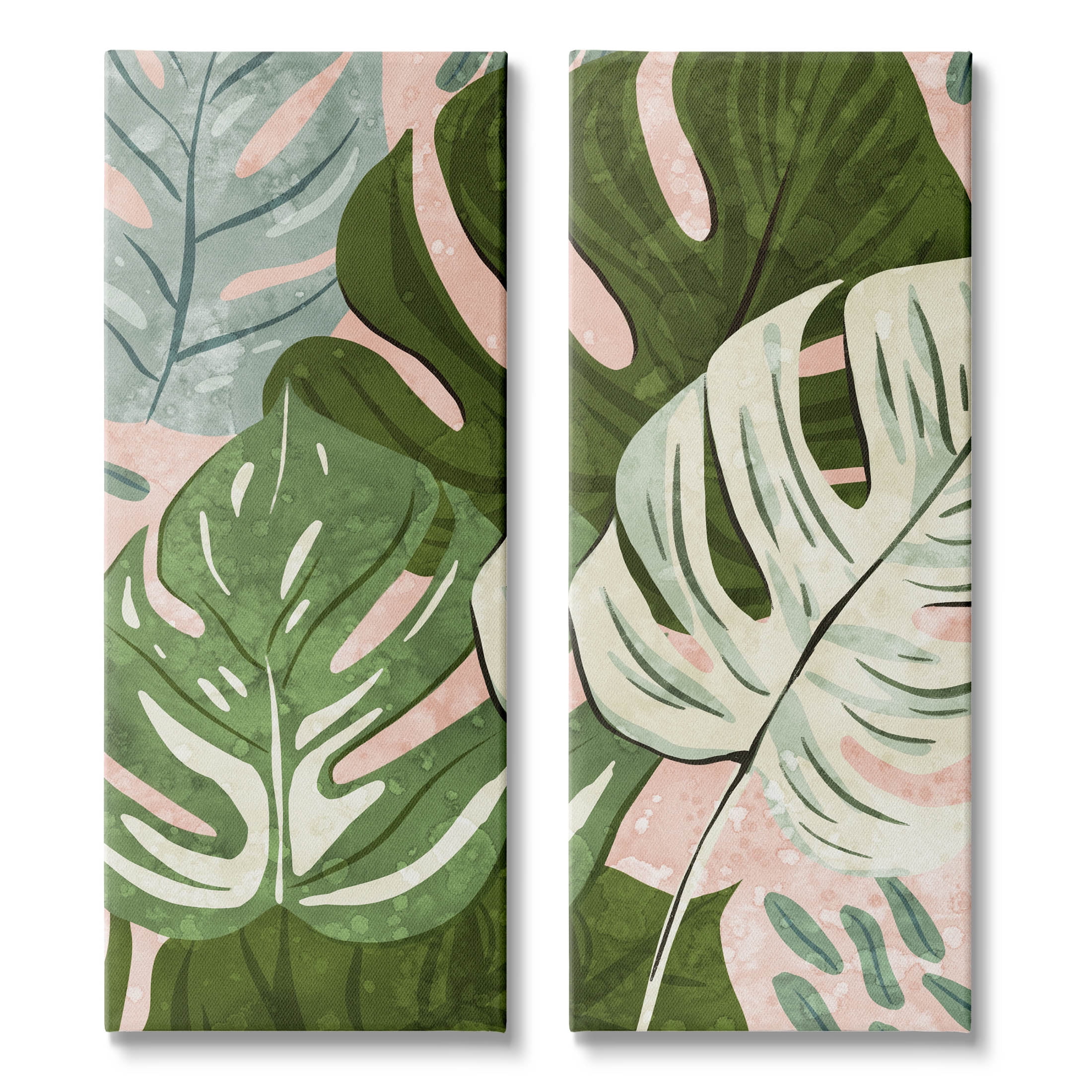 Modern Layered Monstera Leaves Botanical & Floral Graphic Art Gallery Wrapped Canvas Print Wall Art, Set of 2