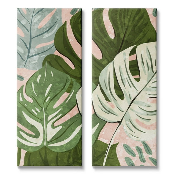 Modern Layered Monstera Leaves Botanical & Floral Graphic Art Gallery Wrapped Canvas Print Wall Art, Set of 2