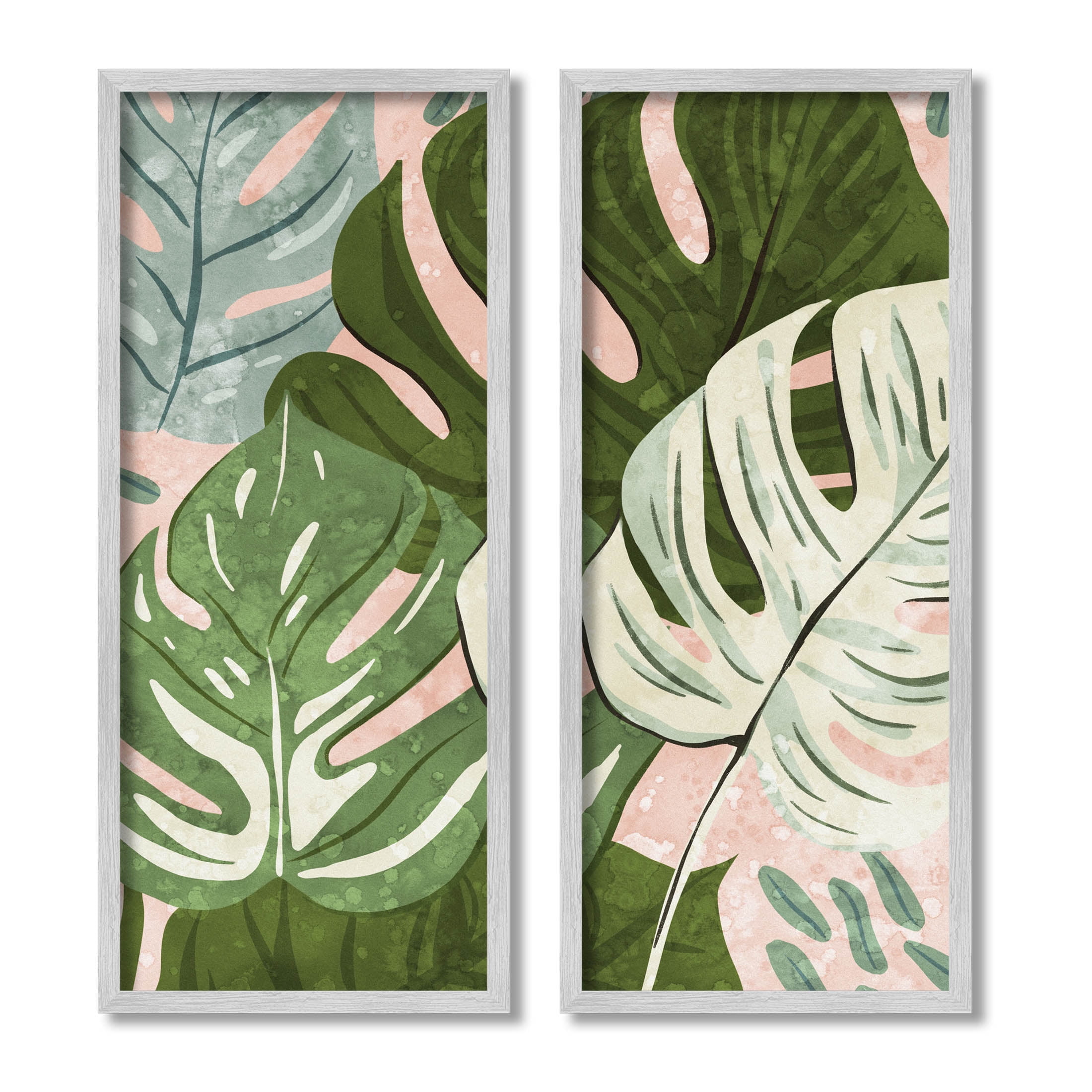 Modern Green and Pink Monstera Leaves Canvas Print Set