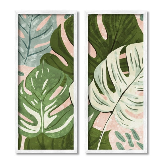 Modern Layered Monstera Leaves Botanical & Floral Graphic Art White Framed Art Print Wall Art, Set of 2