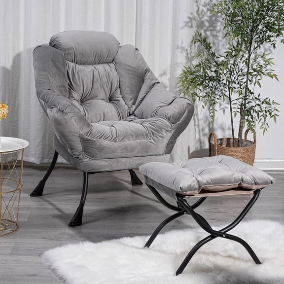 Modern Lazy Chair with Ottoman, Comfortable Lounge Chair for Bedroom, Chair and Ottoman Set, Lounge Accent Chair with Footrest for Bedroom, Garden and Courtyard