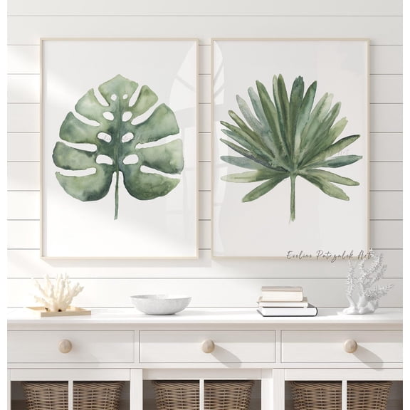 Modern Leaf Green Botanical Minimal Tropical Decor Set 2 Unframed Paper Print 20x30