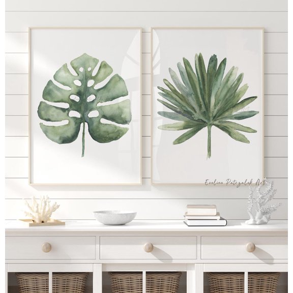 Modern Leaf Green Botanical Minimal Tropical Decor Set 2 Unframed Paper Print 8x12