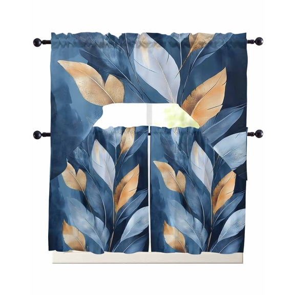 Modern Leaf Kitchen Curtains Sets 24 Inch Length with Valance, Blue Gold Textured Minimalist Watercolor Swag Valances and Tiers Curtain Set Drapes Swag Curtains for Living Room, Bathroom, Bedroom