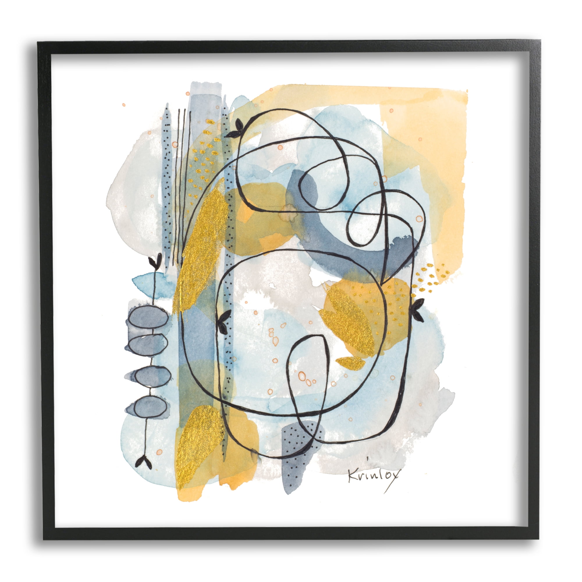 Modern Leaf Line Abstraction Yellow Blue Watercolor Abstract Framed Art Print Wall Art, 17x17