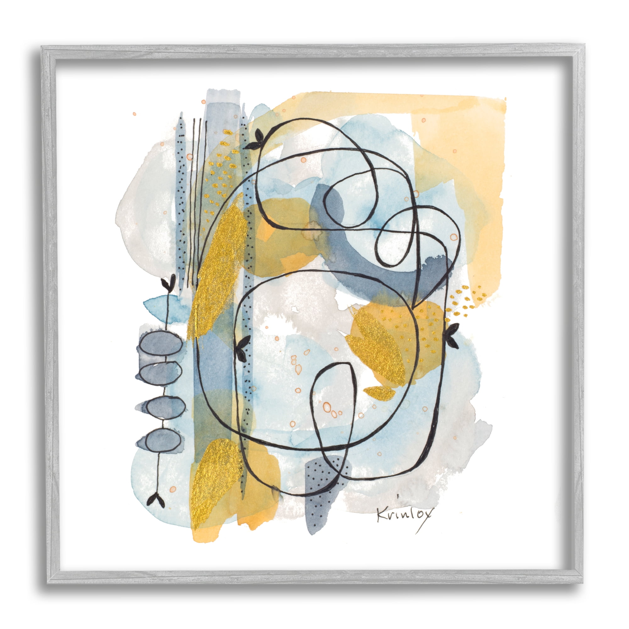 Modern Leaf Line Abstraction Yellow Blue Watercolor Abstract Framed Art Print Wall Art, 17x17