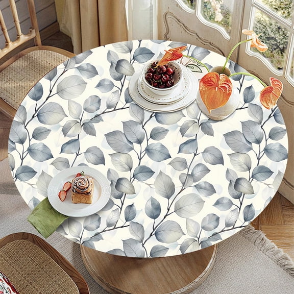 Modern Leaf Round Tablecloth – Fitted Circle Table Cover with Elastic Edge, Waterproof & Washable Polyester Table Cloth for 43" to 54" Indoor/Outdoor Tables
