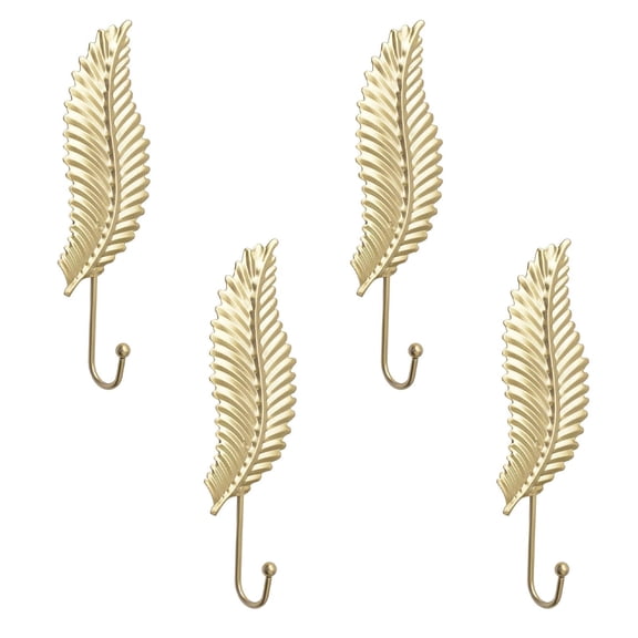 Modern Leaf Shaped Wall Hooks Set of Four Decorative Prong Key and Hat Hangers for Home or Nursery Room Mounted Hardware in Gold Finish 4PCS