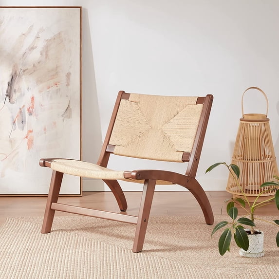 Modern Leather Accent Chairs for Living Room, Bedroom Chair Reading Chair Mid Century Lounge Chair, Side Brown Leather Chair Indoor Boho Scandinavian Cognac Woven Rattan Faux Leather Accent Chair
