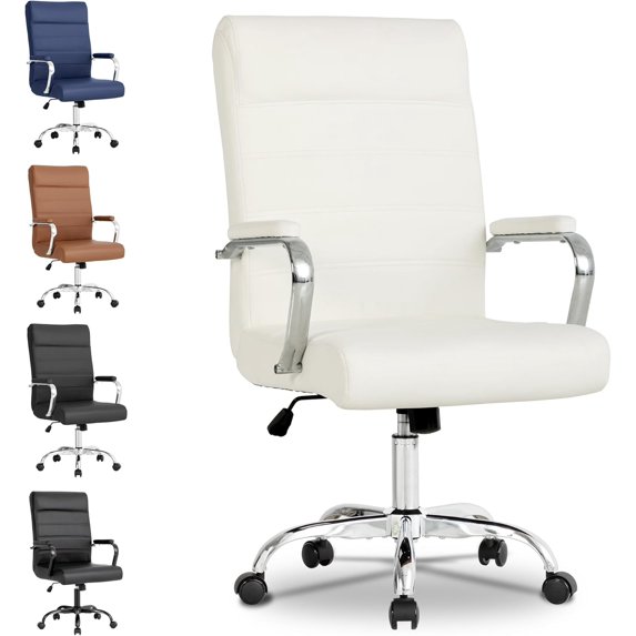 Modern Leather Conference Room Chair, High Back Home Office Chair – Adjustable Height Swivel Executive Computer Chair with Padded Seat & Armrest (White Frame with Gold Accents)