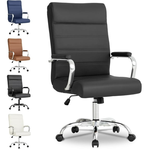 Modern Leather Conference Room Chair, High Back Home Office Chair – Adjustable Height Swivel Executive Computer Chair with Padded Seat & Armrest (White Frame with Gold Accents)