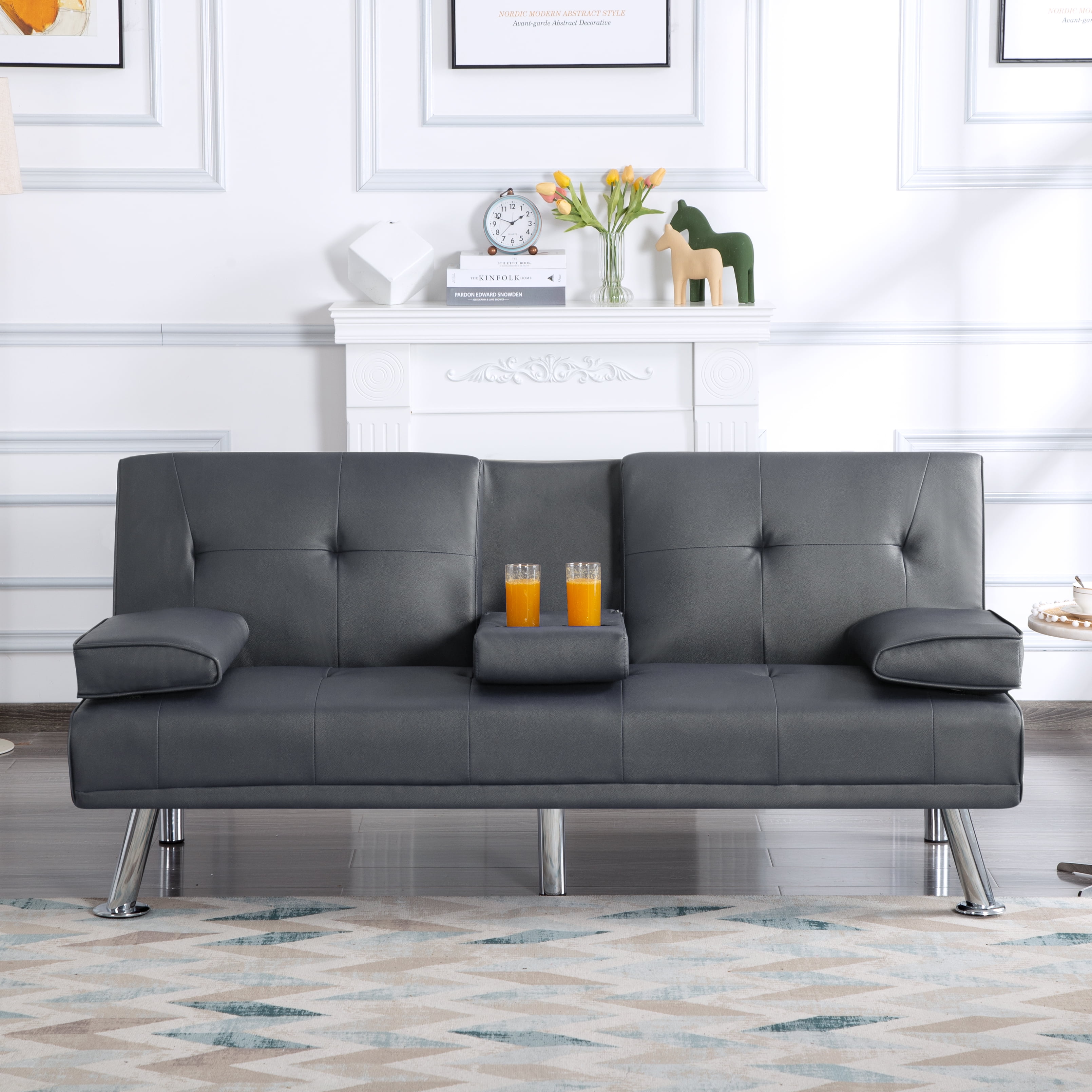 Modern Leather Foam Futon Sofa Bed with Cup Holders and Pillows, Faux ...
