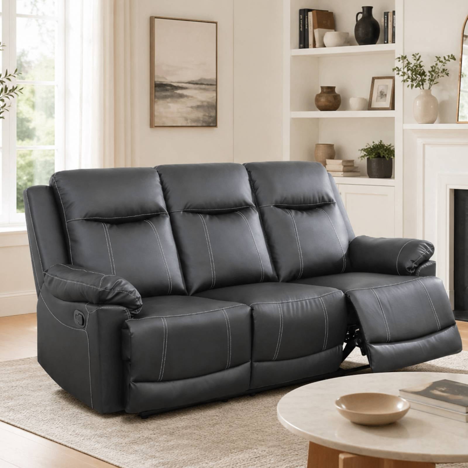 Modern Leather Reclining Sofa Chairs,3 Seater Lazy Boy Sofa Chair Manual Nursery Recliner ,Black