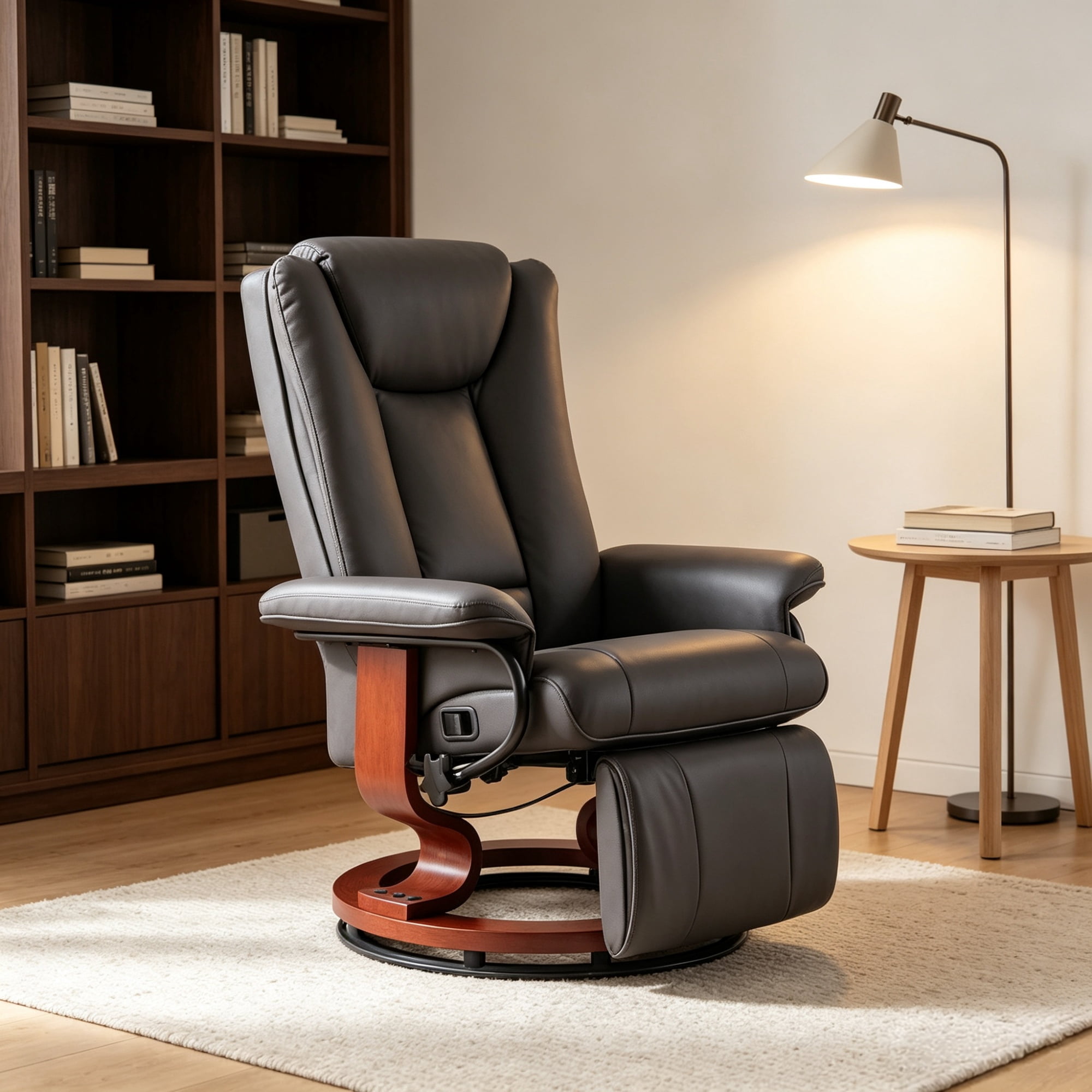 Modern Leather Swivel Recliner with Footrest, Compact Armchair