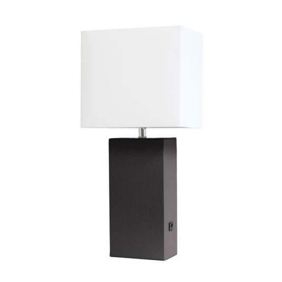 Modern Leather Table Lamp with USB & White Fabric Shade, Brown
