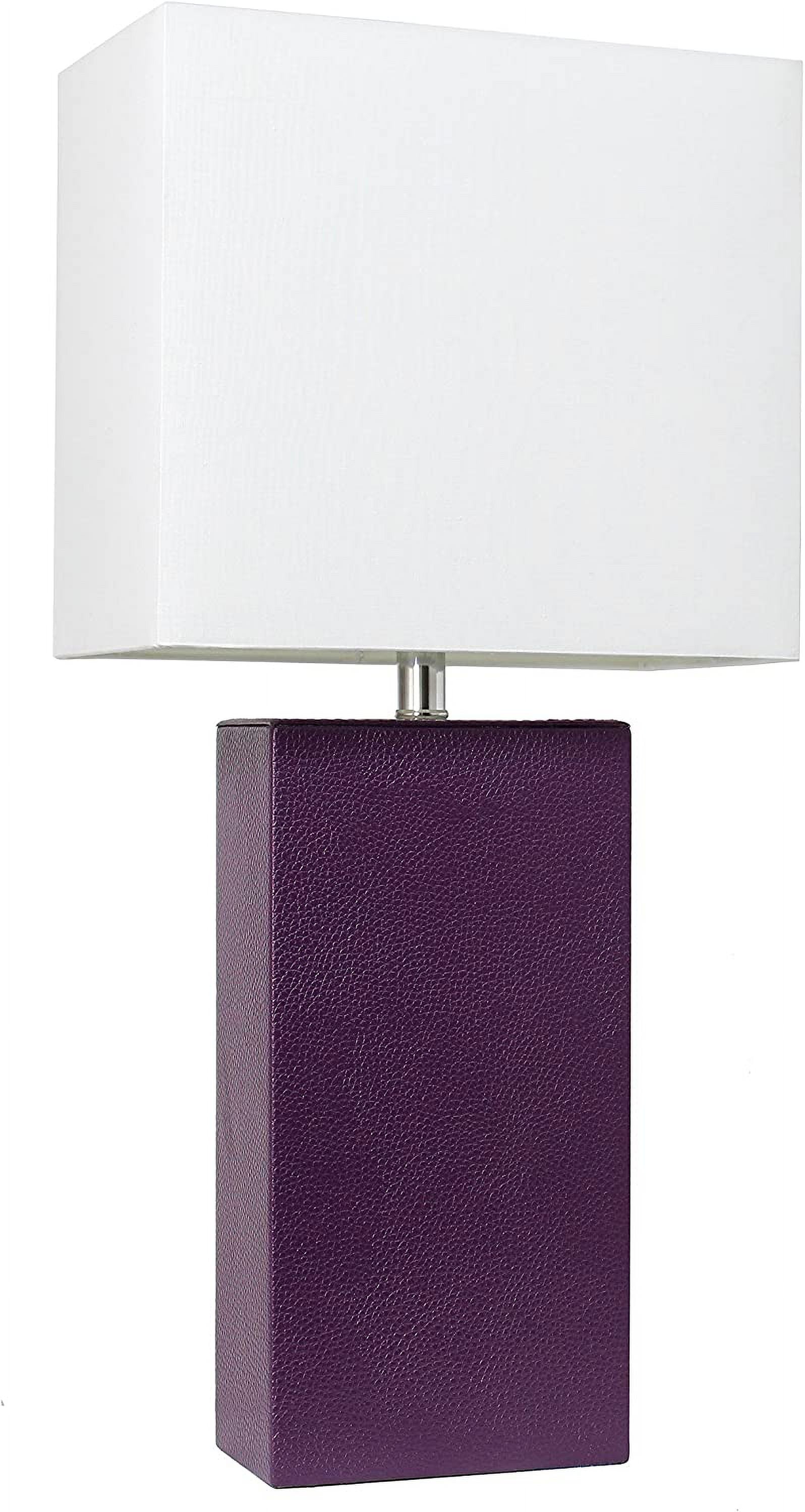 Eggplant Leather Nightstand Lamp with White Fabric Shade and USB Port